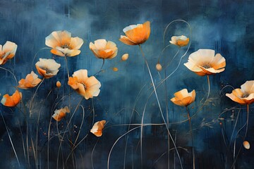 Poster - poppies on a dark blue background, 3d illustration, postimpressionist style artwork of orange flower