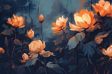 Canvas Print - Beautiful flowers on a dark background. Digital painting. Vector illustration, Postimpressionist style artwork of orange flowers, AI Generated