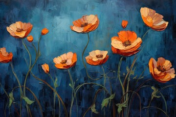 Canvas Print - Oil painting of poppies on canvas. Modern Impressionism, Postimpressionist style artwork of orange flowers, AI Generated