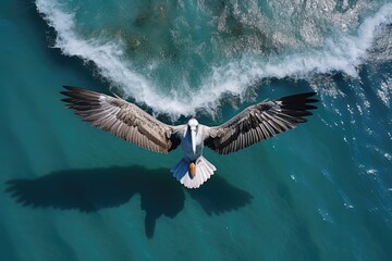 Sticker - Pelican in flight over the ocean, Patagonia, Argentina, Take flight with a birdseye view shot offering, AI Generated