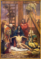 Wall Mural - TREVISO, ITALY - NOVEMBER 8, 2023: The painting   Deposition of the Cross as the part of Cross way stations in the church La Cattedrale di San Pietro Apostolo by Alessandro Pomi (1947).