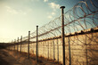 A high perimeter wall topped with rolls of barbed wire circles a prison facility, emphasizing the restrictive nature of the institution