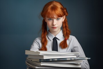 Wall Mural - Young red-haired student with a pile of books, looking at the camera, against a blue background.