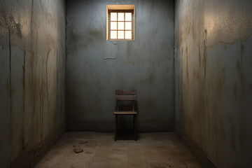 Wall Mural -  A solitary confinement cell with stark walls features a single narrow window, illuminating the harsh realities of isolated imprisonment