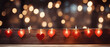 Happy Valentine's Day wedding birthday background banner panorama greeting - Red hearts hang on wooden clothes pegs on a string, with bokeh lights in the background