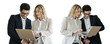 © muse studio - Productive business people are holding a laptop, colleagues, a woman and a man are using a computer. Startup financiers in the office team work together online in business suits. Isolated background.