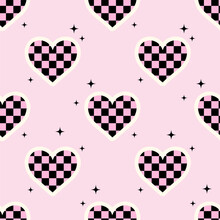 Seamless Vector Pattern With Y2k Checkered Hearts And Stars. Pink Emo Goth Background With Love Symbols. Cute Texture For Wrapping Paper, Wallpaper, Fabric, Print, Cover Design. Valentine Day Concept.