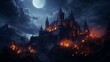Illustration of an evil castle, nighttime with fire. create using a generative AI tool 