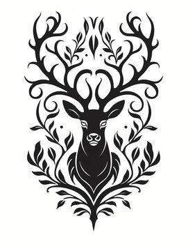 A Black And White Drawing Of A Deer With Leaves - Black silhouette stag on white background