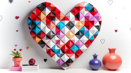 Wall Mural - Geometric polygonal volume contrast heart on shelf with vases and home accessories on white background. Valentines day card. Concept of love, feelings and date. Interior decor