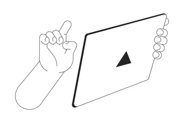 Fototapete - Using electronic tablet cartoon human hands outline illustration. Browsing internet on gadget 2D isolated black and white vector image. Online shopping, scrolling flat monochromatic drawing clip art