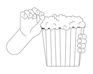 Poster - Eating popcorn cartoon human hand outline illustration. Holding bucket with popcorn 2D isolated black and white vector image. Eating snacks at movie theater flat monochromatic drawing clip art