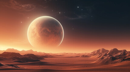 Sand dunes on the background of a planet at night