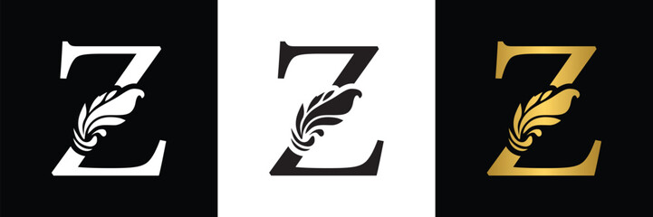 Wall Mural - letter Z. Black, white and golden  flower alphabet. Beautiful capital letters 