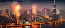 Panoramic view of Bangkok skyline with fireworks at night, Thailand