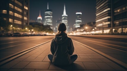 woman meditating at city center