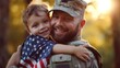 Military man father carrying happy little son with american flag on shoulders and enjoying amazing summer nature view on sunny day on July 4th, happy male soldier dad reunited with son after US army 