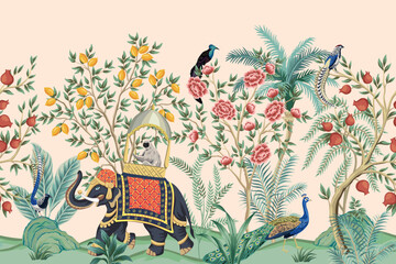 Sticker - Vintage botanical garden tree, elephant, peacock bird, lemon tree, plant floral seamless border. Exotic chinoiserie mural.	
