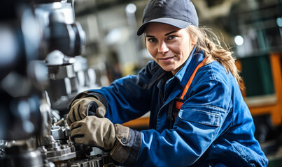 Poster - skilled assembler working on engine construction, contributing to machinery used in various industri
