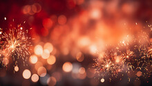 Red And Gold Fireworks And Bokeh Background. New Year's Eve Concept.