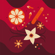 Hot mulled wine abstract background. Autumn and winter cocktail. Warm drink, vanilla, orange, clove, star anise. Winter drink vector illustration. Flat trendy style. Abstract composition in red color.
