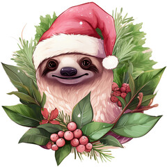 Wall Mural - Pink Sloth with Christmas Floral and Holly Green Leaves, Isolated