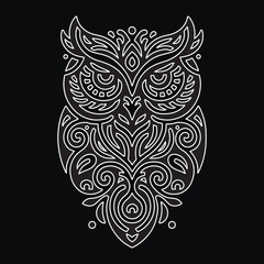 Wall Mural - Beautiful black and white line art ornamental owl pattern. Modern vector background with patterned owl bird. Intricate doodle ornaments. Floral ornate trendy isolated design. Logo. Element. Tattoo