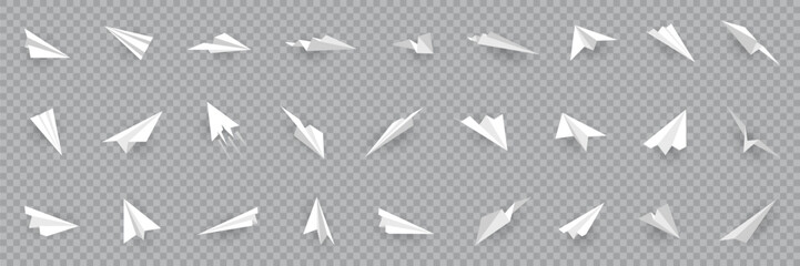 Poster - Realistic white handmade paper planes collection with shadow on a transparent background. White paper plane icons. Different view paper airplane isolated
