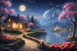 a moonlit landscape adorned with elements of romance such as blooming flowers, heart-shaped motifs, and soft candlelight