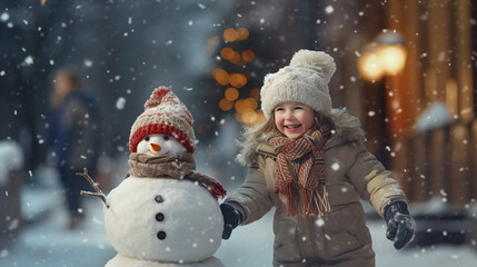 Wall Mural - Group of children playing on snow in winter time