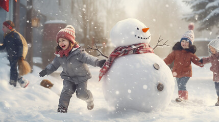 Wall Mural - Group of children playing on snow in winter time