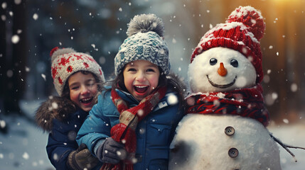 Wall Mural - Group of children playing on snow in winter time