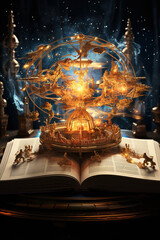 open book with flying zodiac signs, astrology magic book, heel of fortune and constellation study fo