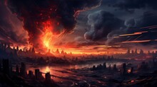 Huge Explosion Over The City. Digital Concept, Illustration Painting.