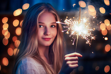 Wall Mural - Young beautiful woman with sparkler in hands. Christmas and New Year concept. Selective focus