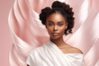 A portrait of a young and beautiful black  woman wearing a white top with natural Afro hairstyle isolated  on a pink background with an abstract texture pattern. Generative AI.