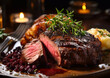 Fresh juicy grilled mignon tenderloin beef steak with pepper on plate.Macro.AI Generative.