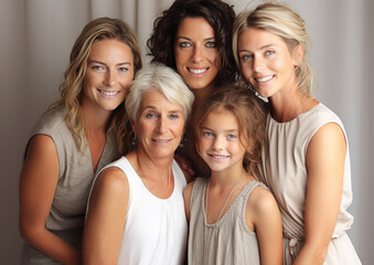 Wall Mural - Portrait of four generations happy family of beautiful women portrait in studio.Macro.AI Generative.