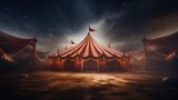 Fototapeta  - Old scary circus tent on space background, vintage style with a red and white striped top. Mistery atmosphere