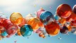 AI generated illustration of multicolored balloons flying away into the clear blue sky