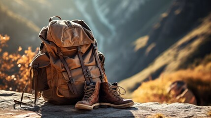  a backpack and hiking boots at the base of a mountain trail, brown tones, 