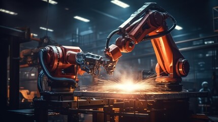 Poster - Robots and industrial plants,Engineer check and control welding robotics  in factory 
