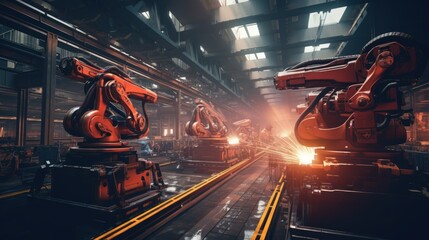 Poster - Robots and industrial plants,Engineer check and control welding robotics  in factory 