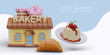 Hot bakery. Concept of fresh baked goods. Croissant, donut, piece of cake, panna cotta with cherries. Delicious and beautiful desserts. Concept on colored background with text