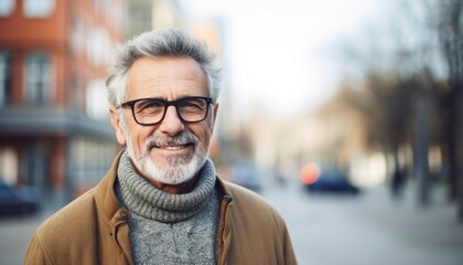 old age senior mature retired male man well dress cloth looking at camera portrait shot profile positive smiling successful carefree attitude face expression street outdoor location background