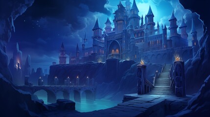 Wall Mural - A dark-fantasy realm featuring a castle perched on a jagged mountain. Digital concept, illustration painting.