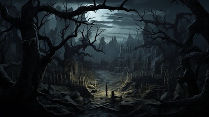 Wall Mural - A dark-fantasy haunted forest. Digital concept, illustration painting.