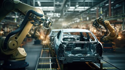 Poster - robotic is assembling cars in a factory ,modern car production technology,