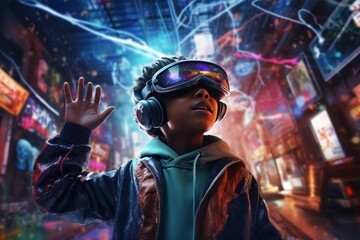 Aufkleber - Young boy experiencing virtual reality in futuristic cityscape. Technology and entertainment.