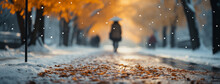 Cute girl walking on cold day in winter through a road with an umbrella and winter jacket in day time through street and surrounded by snow covered trees 